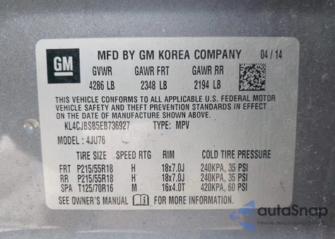 2014 Buick Encore Convenience z USA, uszkodzony, nr VIN KL4CJBSB5EB736927